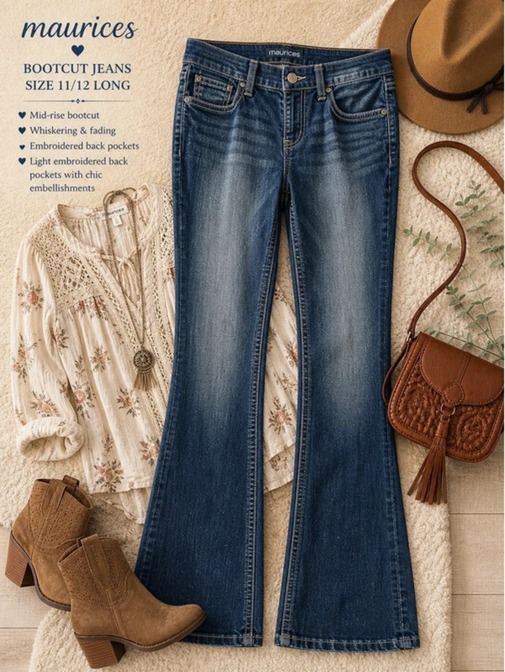 Maurices Bootcut Jeans 11/12 Long Mid Rise Stretch Medium Wash Pockets
